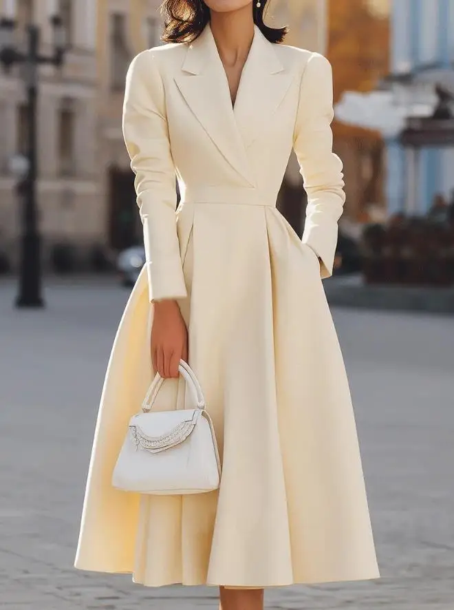 

Womens Dress 2025 Spring Autumn New Solid Color V-Neck Temperament Long Sleeve Pocket Design High Waist Elegant Long Dress