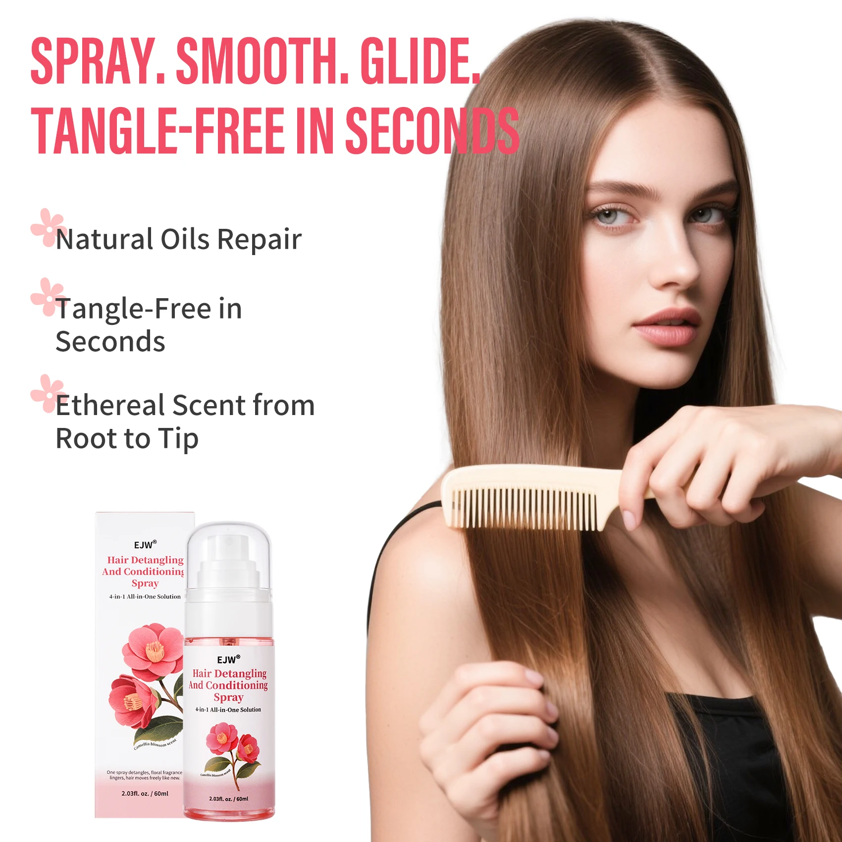 Hair Detangler Spray Leave-In Conditioner Anti-Frizz Keratin Castor Oil Long-Lasting Fragrance Smooth Shiny Frizzy Hair