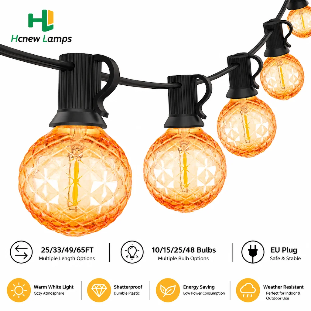 Retro LED G40 Street Garland Waterproof 1W String Lights Diamond E12 Amber Plastic Outdoor Connectable Garden Decoration Bulbs