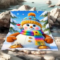 Cheerful Cartoon Snowman Winter Throw Blanket - Soft Plush Fleece Featuring Colorful Knit Scarf, Mittens & Hat Design, Warm Cozy