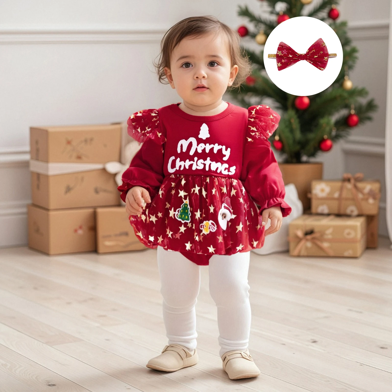 Baby Girls Christmas Outfit Long Sleeve Letters Stars Romper Dress with Headband Xmas Clothing Set
