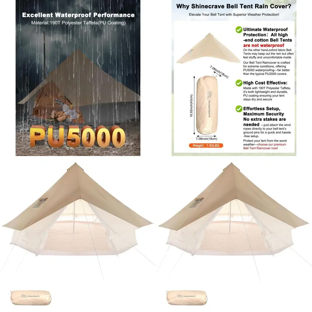 

Water-resistant 4-Season Camping Bell Tent with Stove Jack and Roof Vents, PU5000, Beige, for 16.5ft (5m)