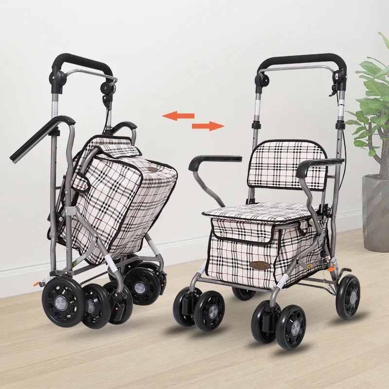 Single Rod Brake Walkers for The Elderly Trolley Walker Scooter,Elderly Grocery Shopping Cart,Folding Four-wheel Adult Walkers