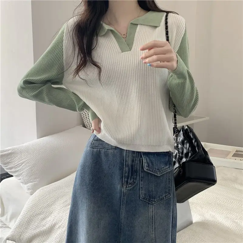 Autumn New Fashion Versatile Korean Sweater Simple Polo Collar Color Block Long Sleeve Women\'s Patchwork Pullover Loose Knit Top