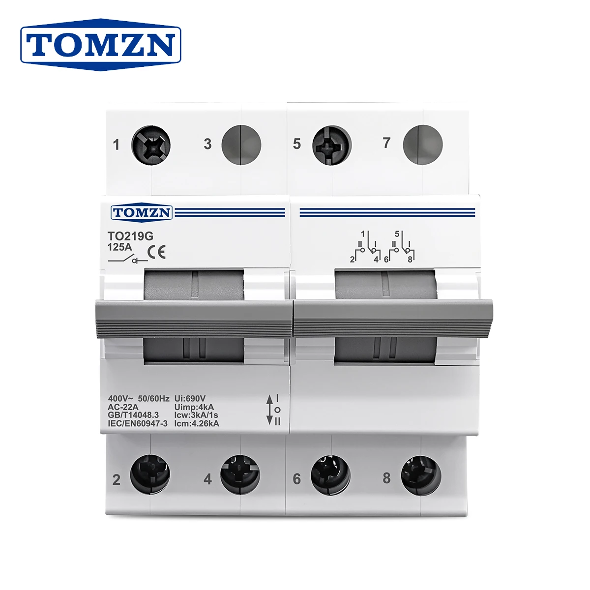 TOMZN Changeover Switch TO219G 2P 230VAC 125A MTS Dual Power Manual Transfer Isolating Interlock Circuit Breaker Disconnectable