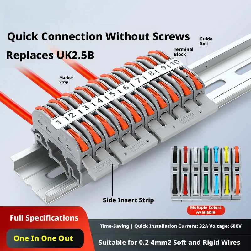 Fast Wiring Terminal Block: 600V/32A, 0.2-4mm2, PA Housing, Pure Copper, DIN Rail Mount, Reusable, CE