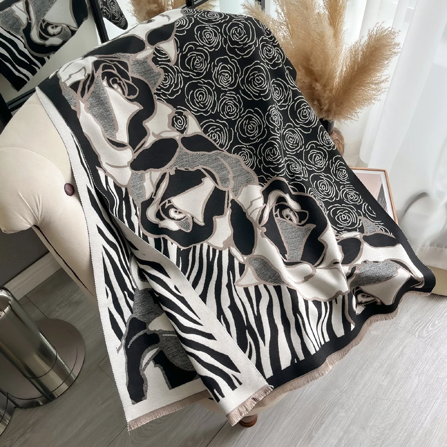 Zebra Stripes Rose Jacquard Imitate Cashmere Scarf Shawl Women Winter Fashion Warm Neckerchief Long Wraps