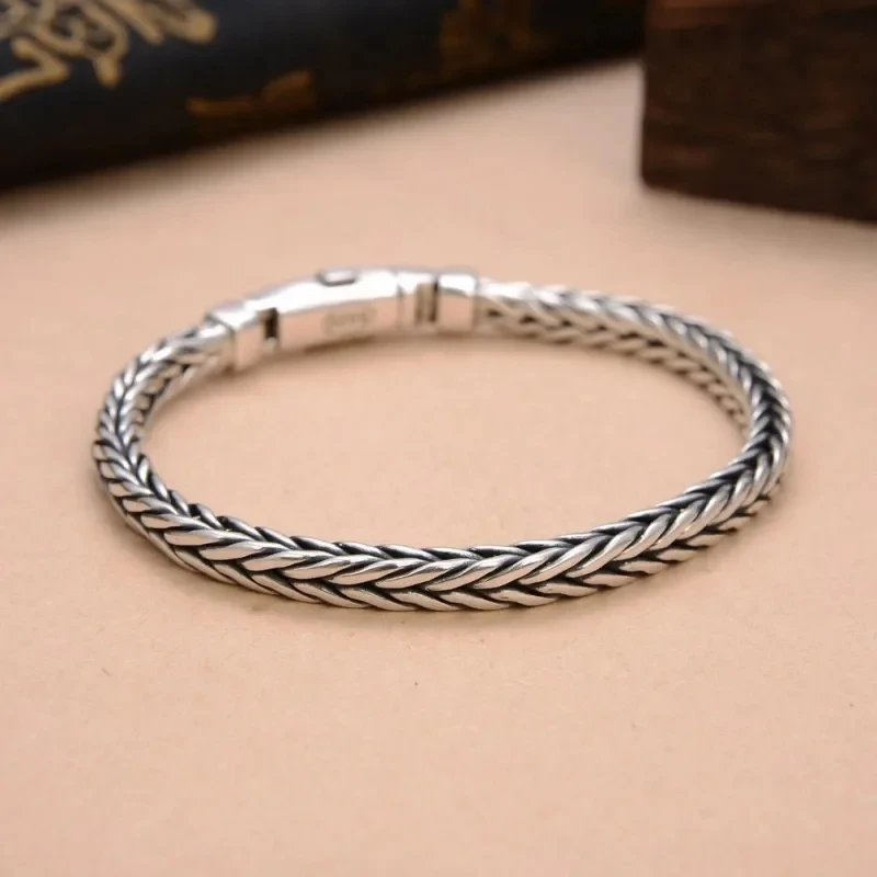2024 New Real Pure S925 Silver Handmade Woven Retro Domineering Trend Personality Keel Bracelets punk hiphop party gift man