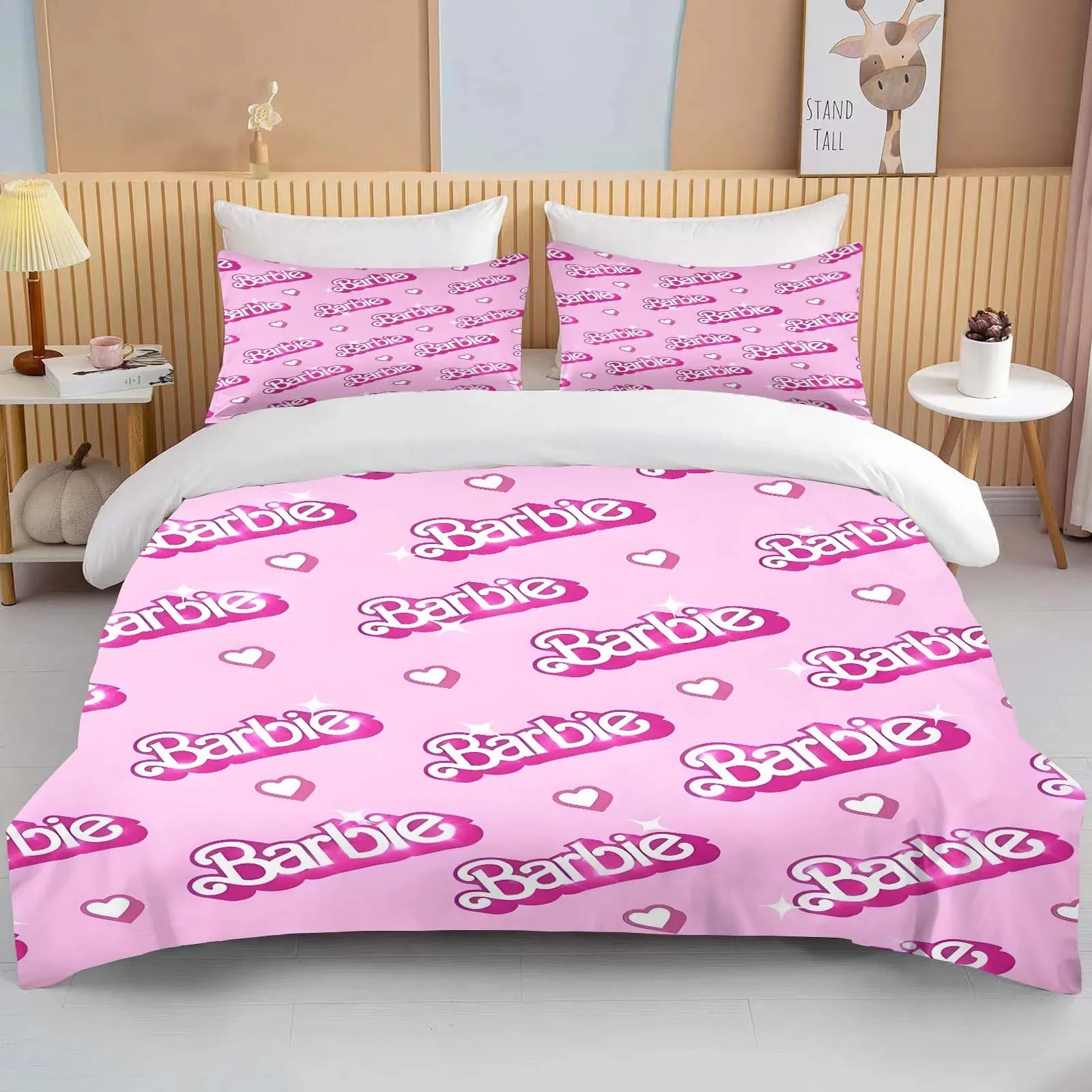 Pink Warm Soft MINISO Barbie Printed Bedding Set Duvet Cover Anime Quilt Adult Kids Birthday Gift Full Size Bedding Set Luxury