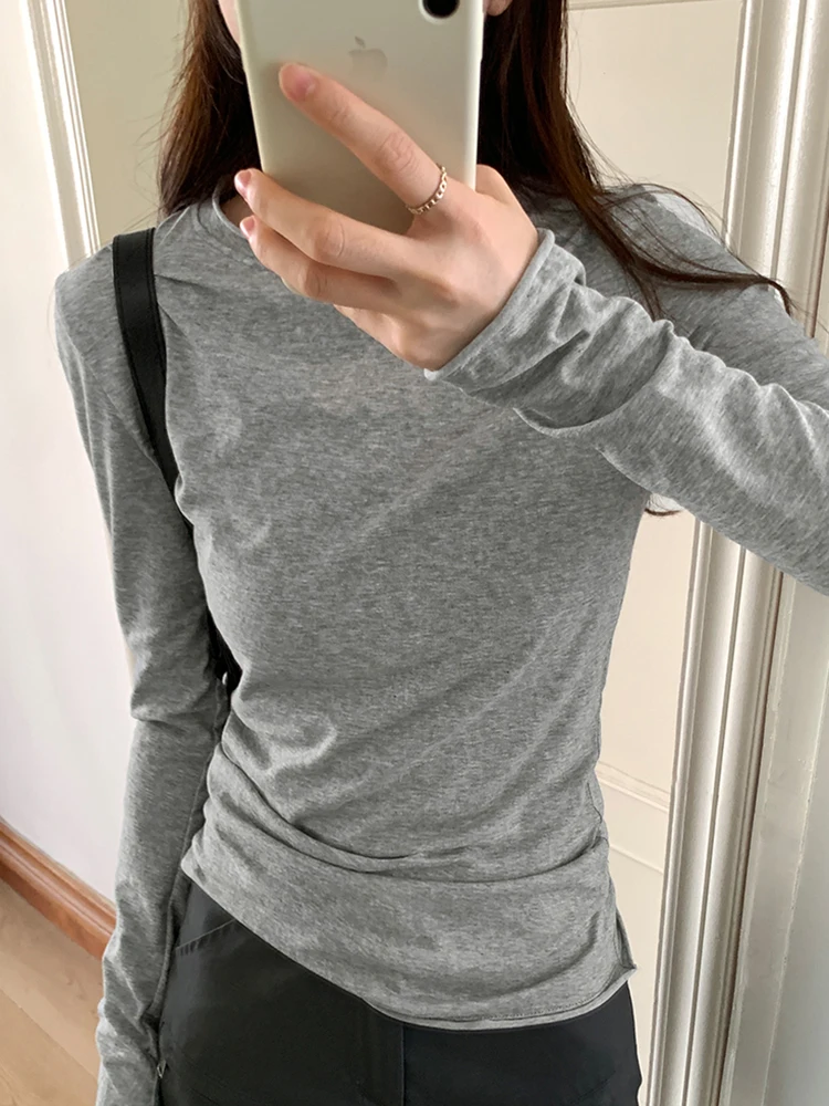 Spring Autumn T Shirt Women Tops Solid Long Sleeve Ruched O Neck Tshirts Female Korean Casual Streetwear High Quality Base Tees