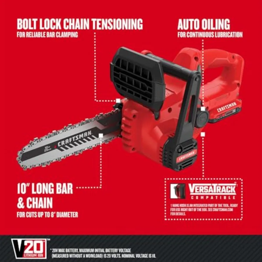 Mini Chainsaw for outdoor wood cutting, lightweight plastic body with black and orange color, cordless V20 battery-powered for