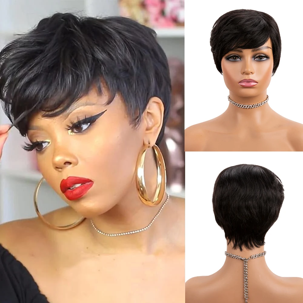 Natural Color Short Bob Straight Human Wigs With Bangs Brazilian Virgin Hair Pixie Cut Wig Cheap Human Hair Wig For Black Women