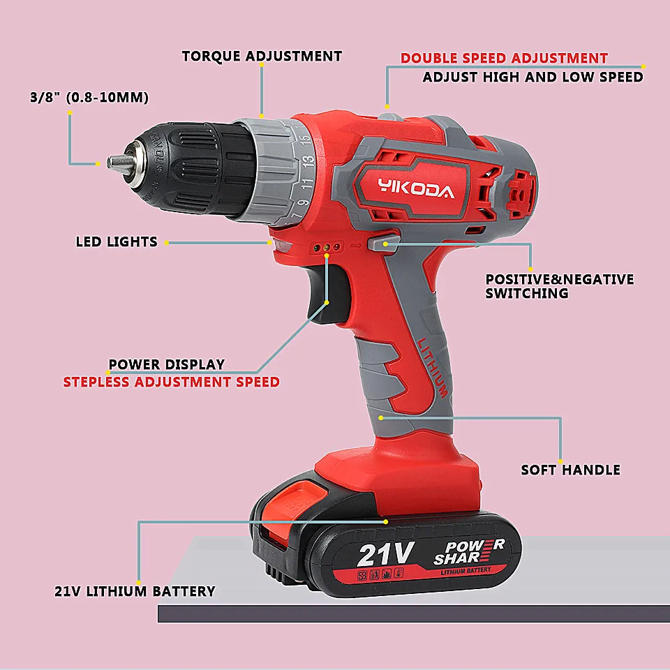 YIKODA 12V/16.8V/21V Electric Drill Rechargeable Lithium Battery Two Speed Cordless Screwdrivers Parafusadeira Power Tools