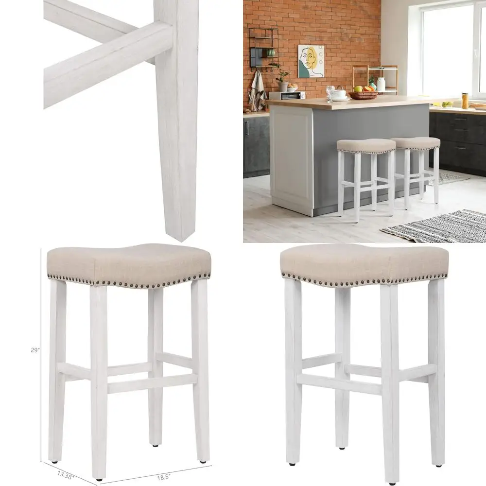 

29 Upholstered Nailhead Bar Counter Stools in Antique White with Beige Seat