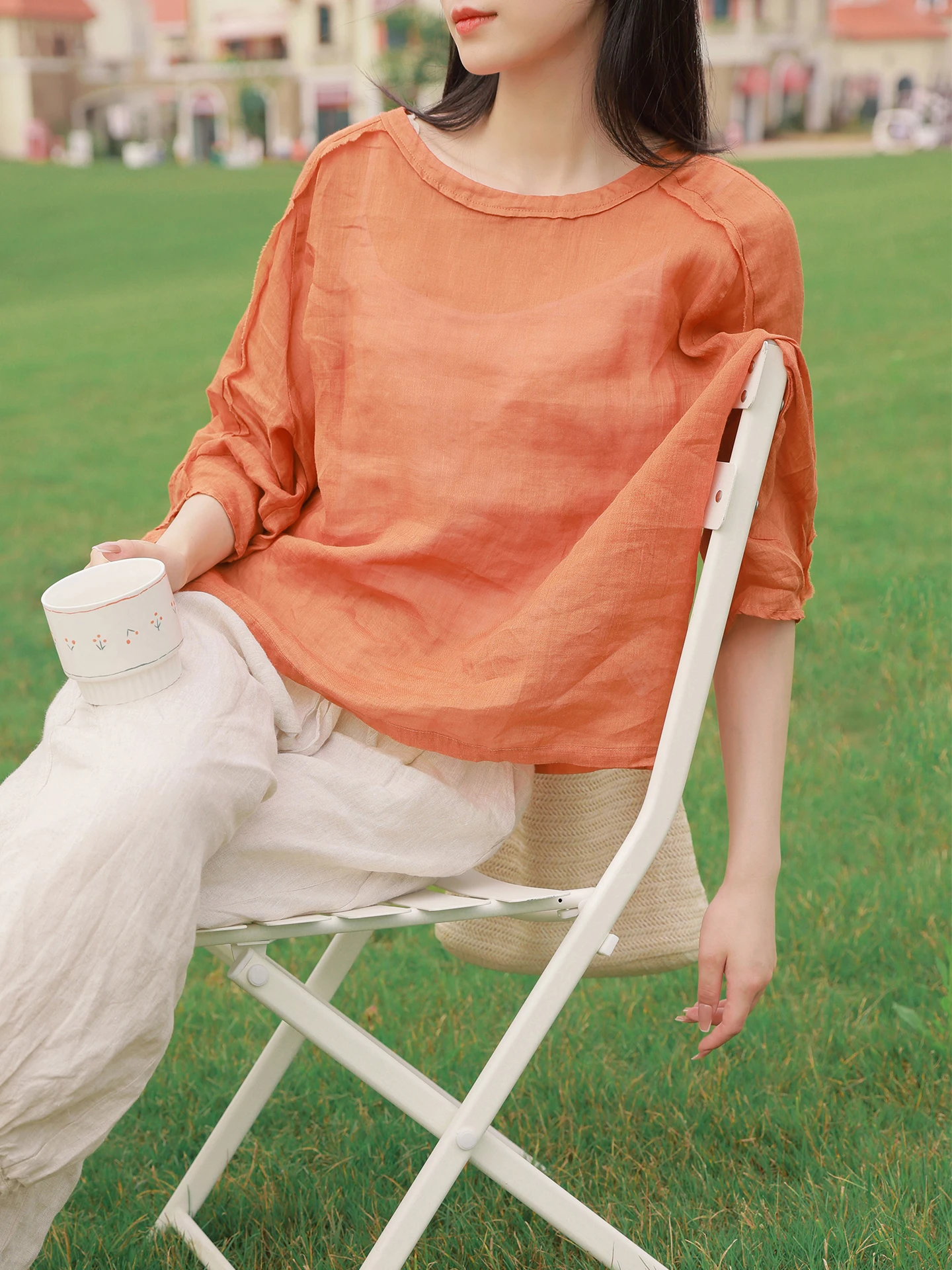 

Lightweight Breathable Cotton Linen round Neck Shirt Women's Loose Fit Slimming Summer Top Artistic Style Half Sleeve Shirt