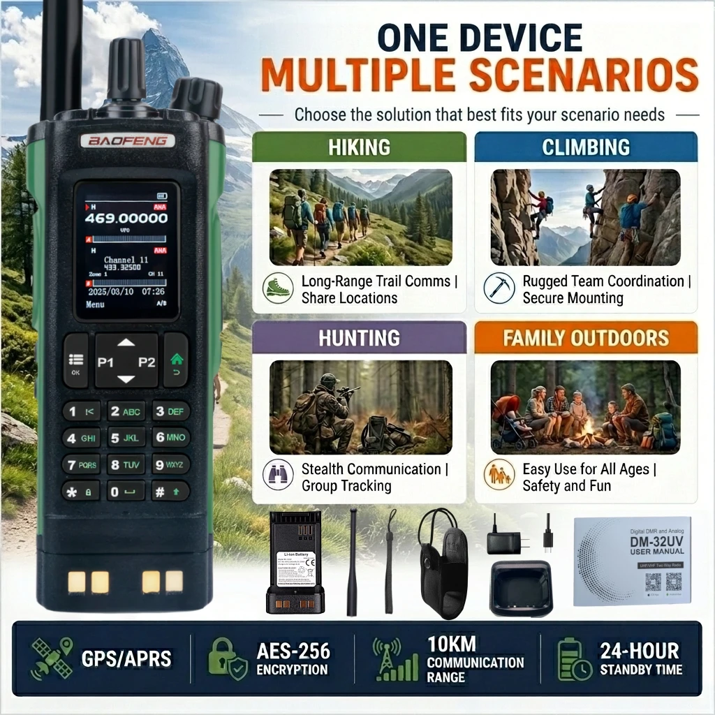 Walkie Talkies For Hiking Climbing Hunting VOX Hands-Free Member Location BAOFENG DM-32 Ham Radio Antenna Earpiece Speaker Mic