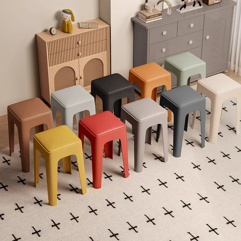 Bangku plastik rumah tangga yang dipertebal, dapat ditumpuk, bergaya Nordik, kreatif, dengan dudukan empuk, bangku modern sederhana untuk ruang tamu, meja makan, kursi tinggi.
