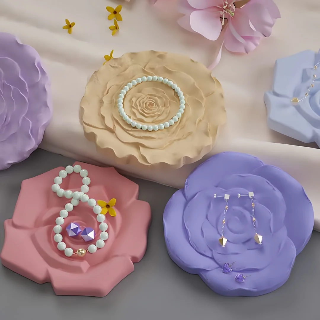 Rose Flower Coaster Gypsum Tray Silicone Mold Concrete Plaster Flowerpot Base Tabletop Decoration Mould Jewelry Display Plate