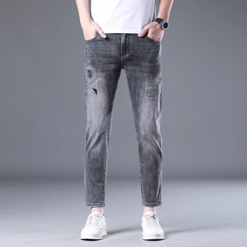 

Мужские джинсы Slim Fit с принтом, с высокой талией, из эластичного хлопкового денима, летние, тонкие, укороченные, модные, с зауженными штанинами, эластичные