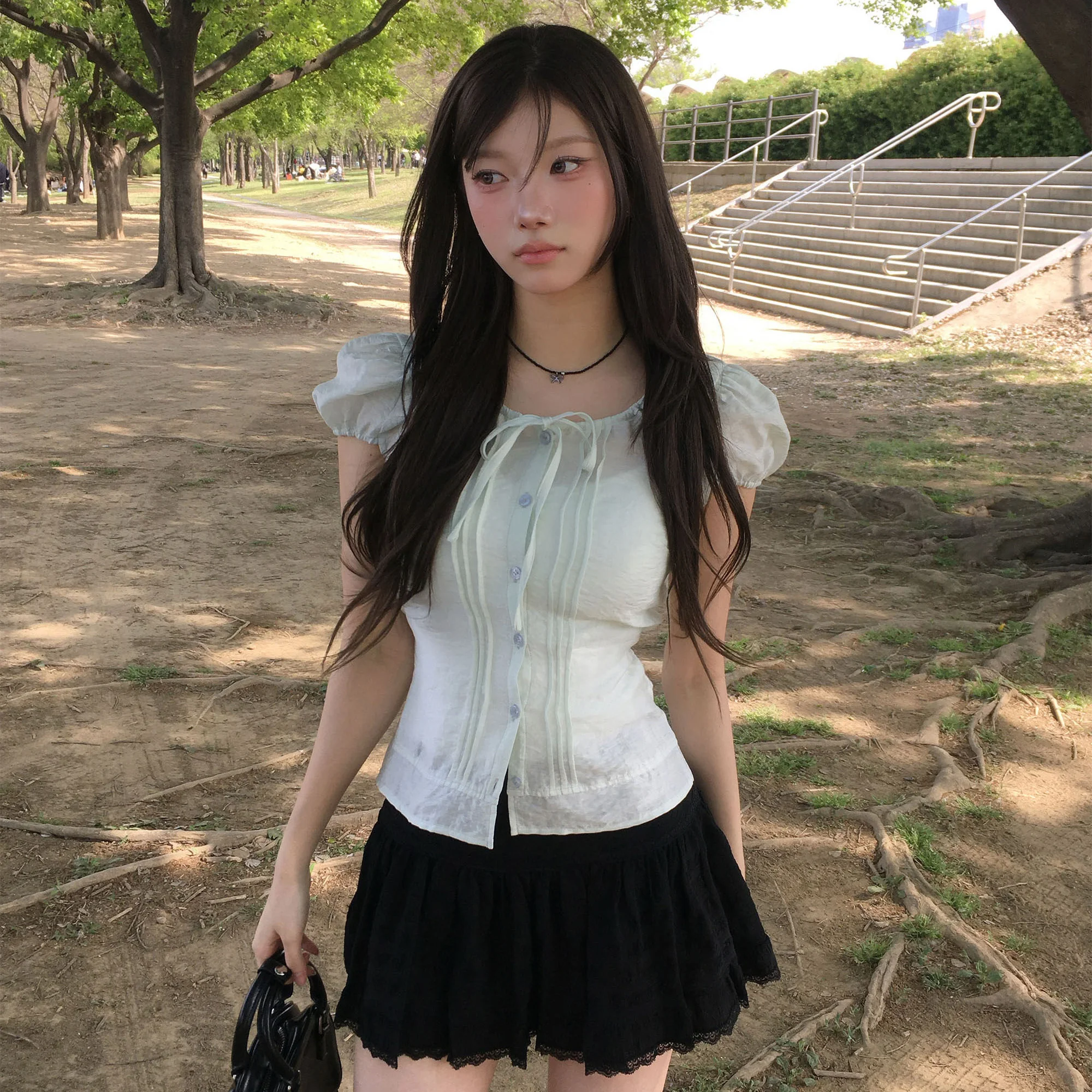 Korean Sweet Personality  Knot Belted Pleated Semi-Transparent Anti-Aging Slimming Bubble Sleeve Shirt Women's Fashion