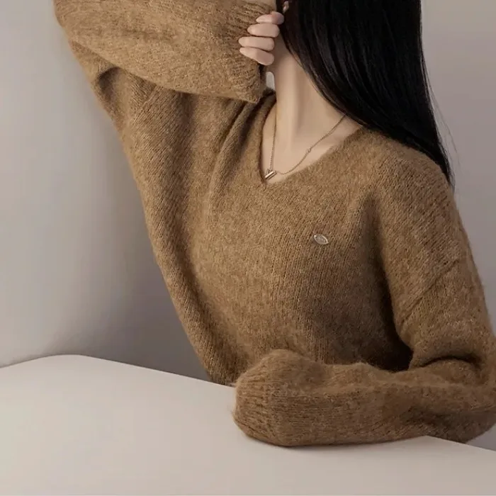 أنيقة فضفاضة V-Ne محبوك سترة المرأة البني رقيق عادية الخريف الشتاء Faion بسيط كسول Sle الأعلى تخفيف ودية