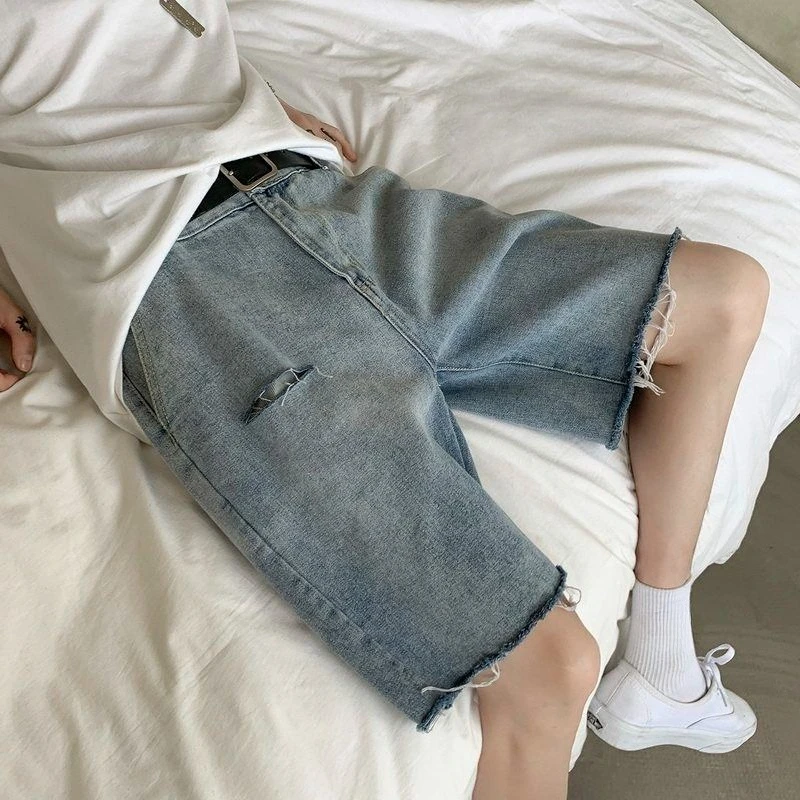 Men's Distressed Denim Shorts Summer 2026 New Loose Fit Casual Hip Hop Streetwear Skinny Jeans