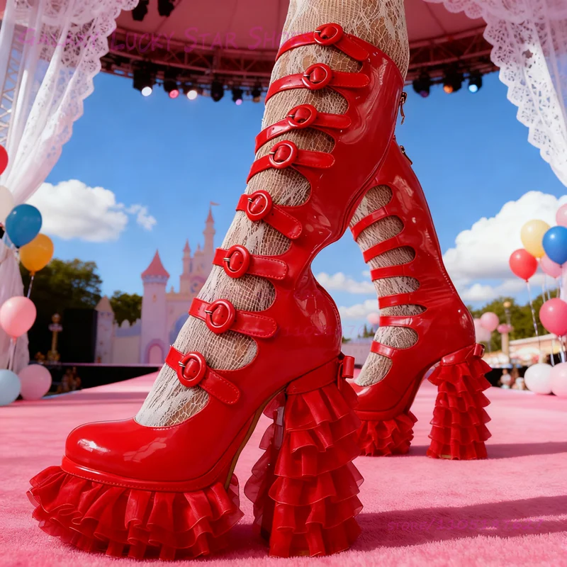 

Cute Red Lace Cake Platform Boots Girls Vibrant Pink Belt Buckle Stripes Hollow Patent Leather Blue Heels White Zip Shoes Women