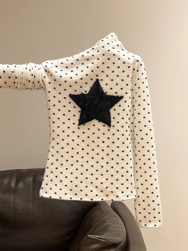 Korean Style Long Sleeve Polka Dot T-Shirt Women's Autumn Winter Slim Fit Base Layer Shirt Star Printed Inner Wear Top