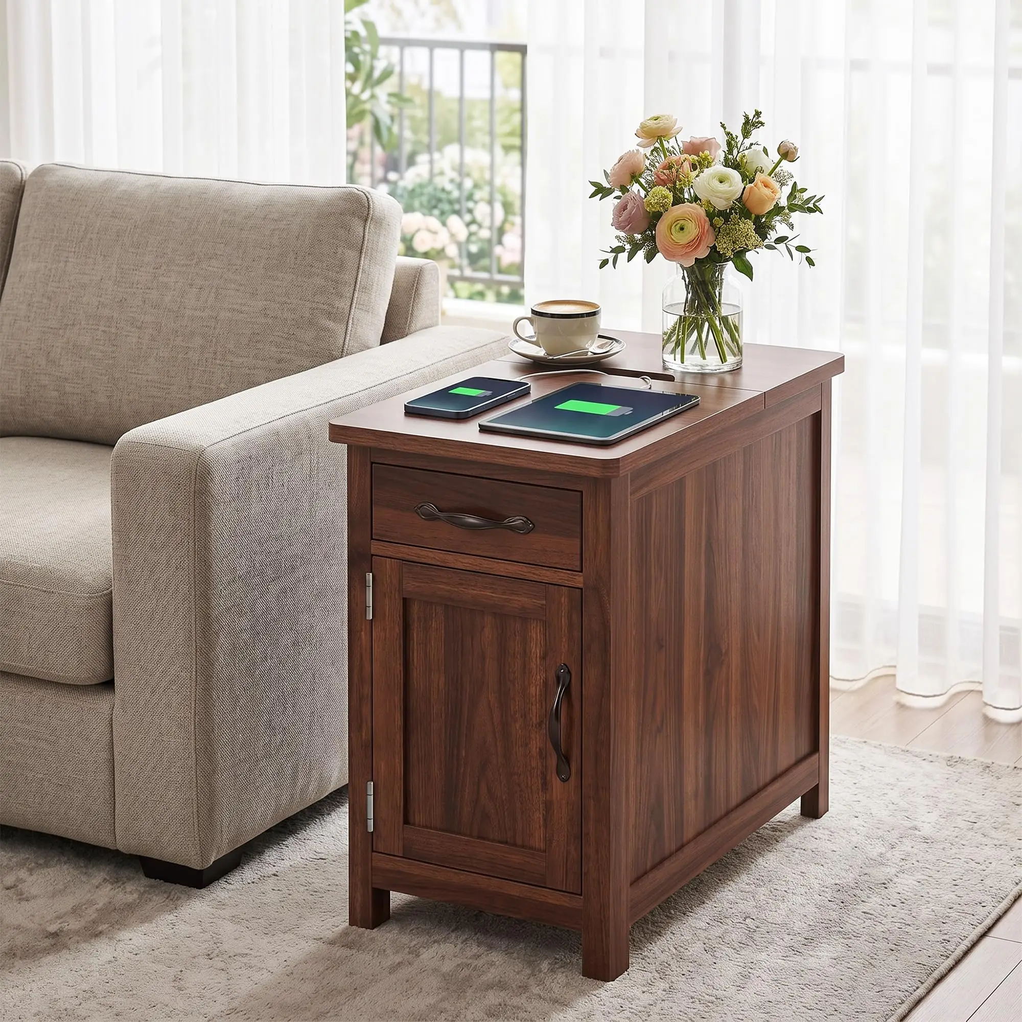 Farmhouse End Table With Charging Station, Flip Top 2 Outlets 2 Usb Ports, Drawer Cabinet, Adjustable Shelf, Nightstand Sofa Side