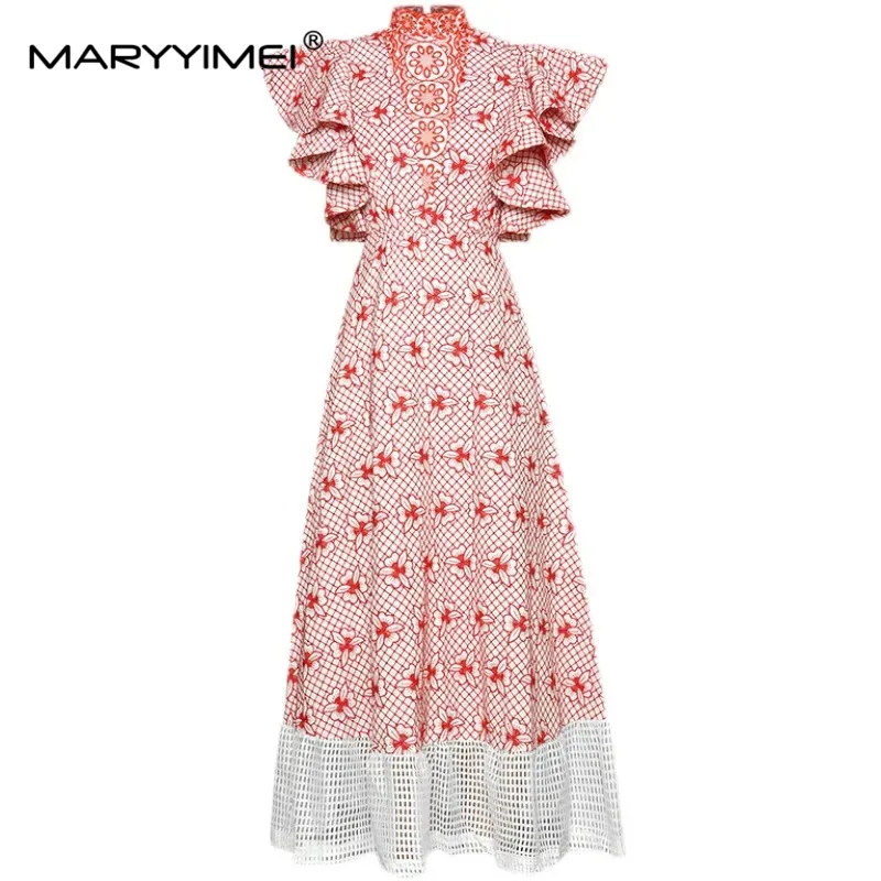 

MARYYIMEI Fashion Designer Summer Red Dress Women Butterfly Sleeve Hollow out Embroidered Long Party Dress