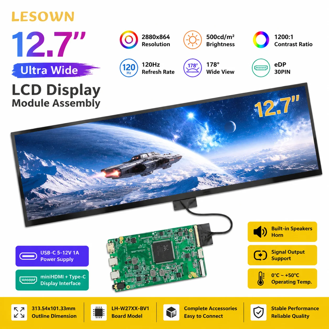 

LESOWN 12.7" Pantalla LCD Monitor Kit 2880x864 120Hz Stretched Display Module Driver-Free Mini HDTV Type-C Panel for PC Case
