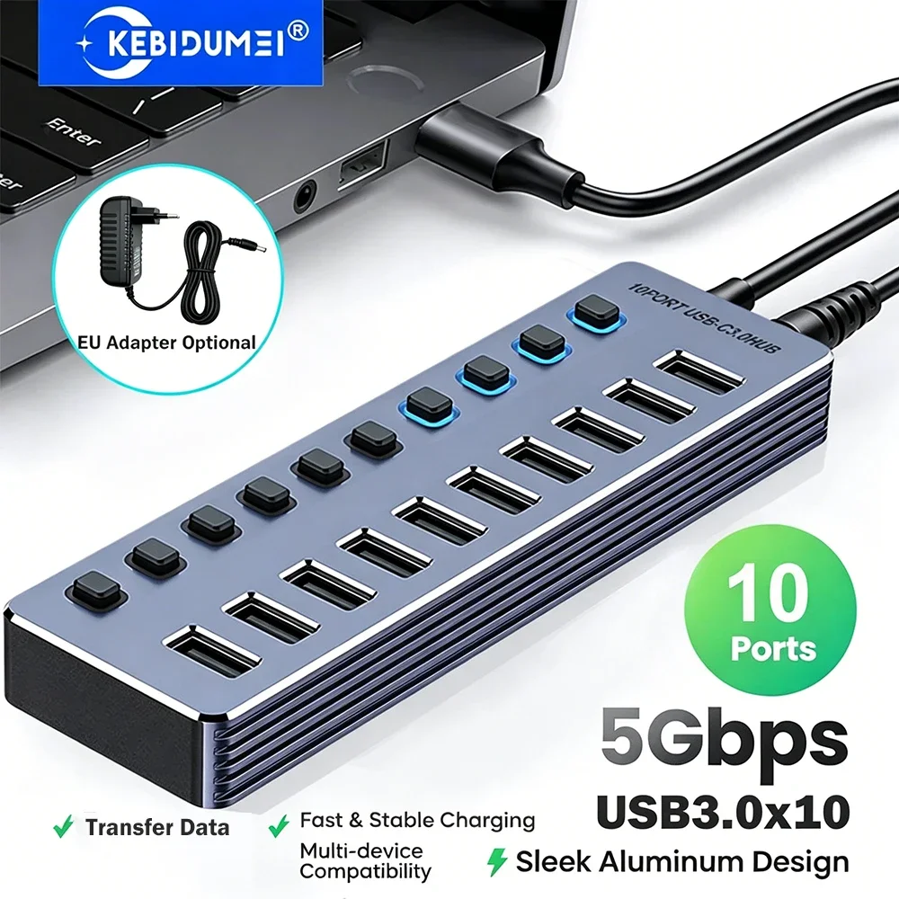 KEBIDUMEI 10 Port USB 3.0 Hub with Independent On/Off Switches 5Gbps High Speed Type-C Splitter USB Docking Station for Laptop