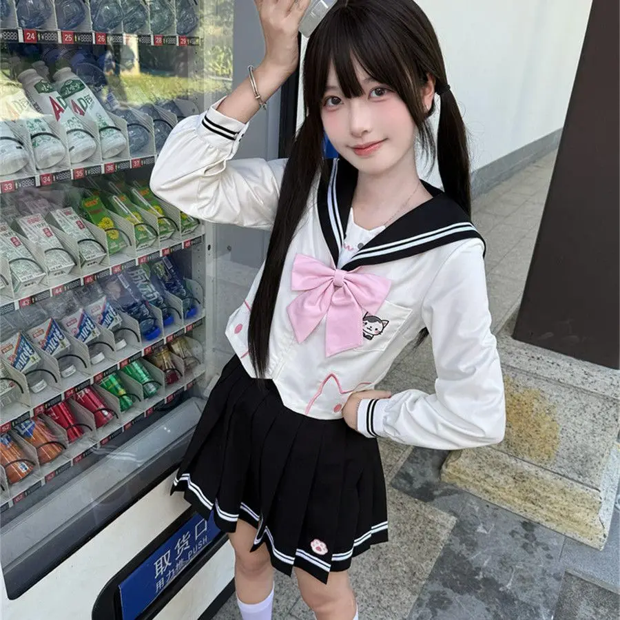 Set di abiti da marinaio carino giapponese e coreano, autentico uniforme da studente, stile college, modello gatto femminile, colore bianco e nero opzionale