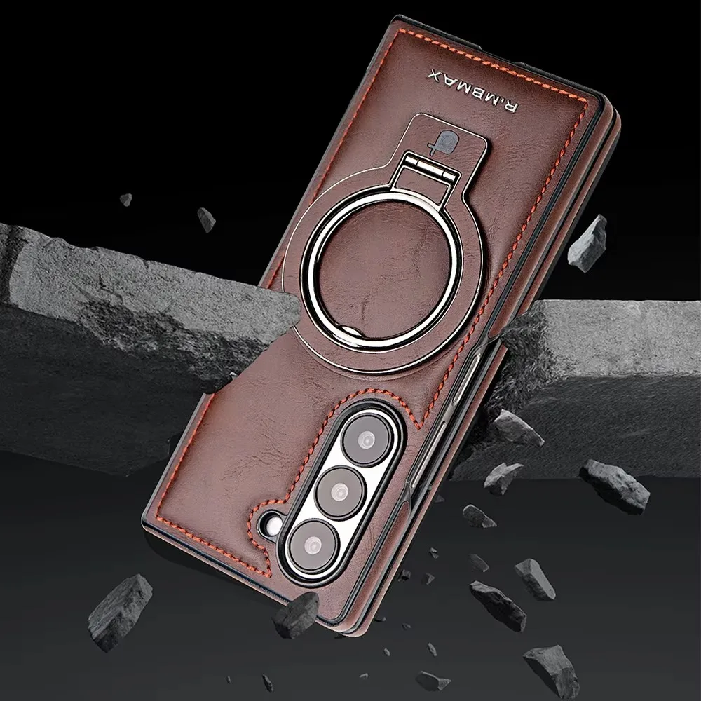 High-end Leather Magnetic Ring Holder Case For Samsung Galaxy Z Fold 6 5 4 Wireless Charging Shockproof Protective Cover