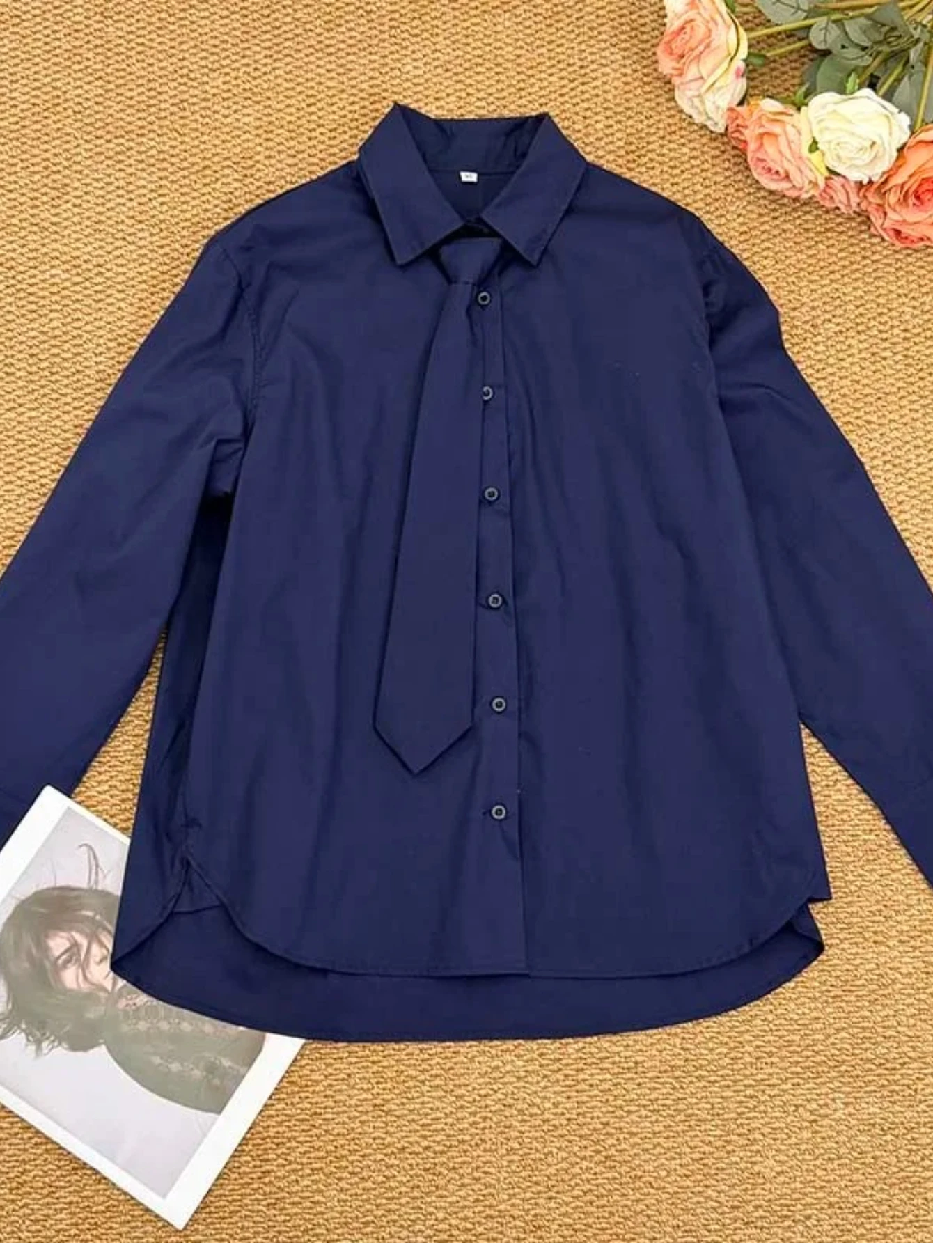 

Women's Blue Cotton Tie-Collar Shirt Spring Autumn Chic Modern Minimalist Style Long Sleeve Blouse Tops for Woman