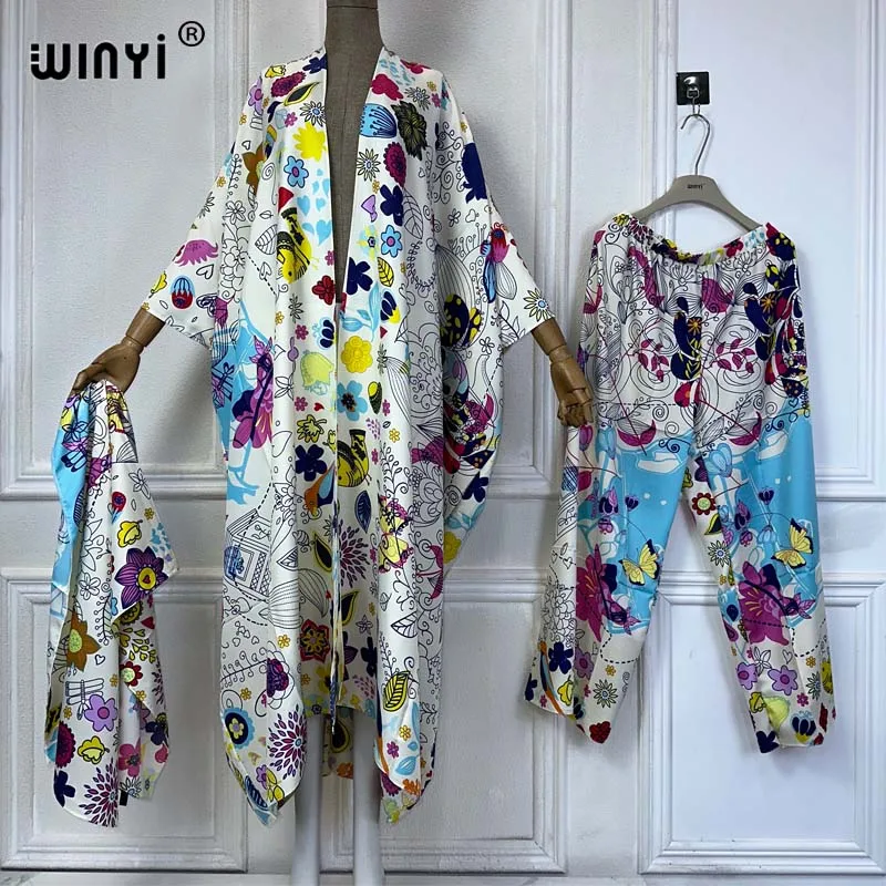 

WINYI Middle East print maxi kimonos 2 piece sets women outfit Long Cardigan And Wide Leg Pant Sets holiday أطقم مع بلايز طويلة