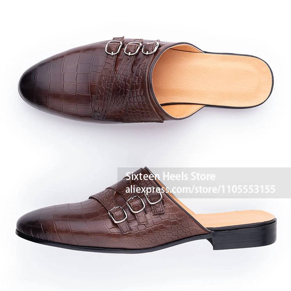 Monk Strap Backless Loafer Slides Crocodile Embossed Triple Buckle Mule Slippers Low Heel Slippers Vintage Summer Shoes for Men