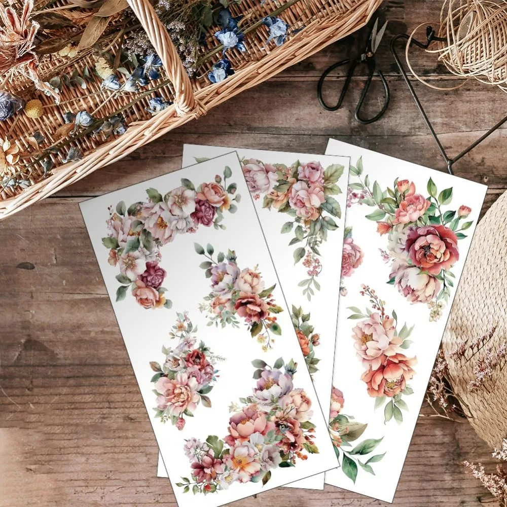 3pcs/Set Corner Flower Rub on Transfers for Furniture and Crafts 6x12 inch Roses Peonies Decor Transfer Stickers making kit image 4