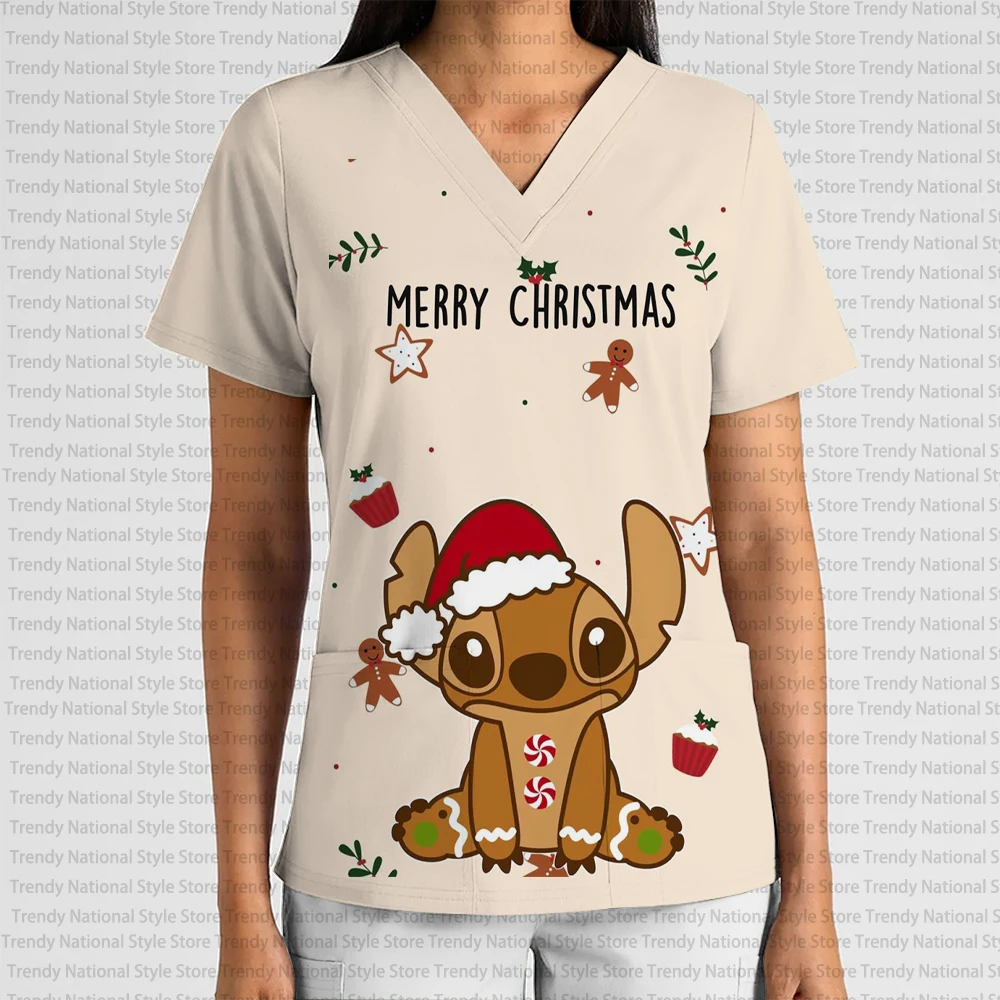 ديزني عيد الميلاد غرزة مطبوعة ثوب جراحي موحدة ممرضة صالون تجميل الرعاية الطبية ثوب جراحي المرأة تي شيرت