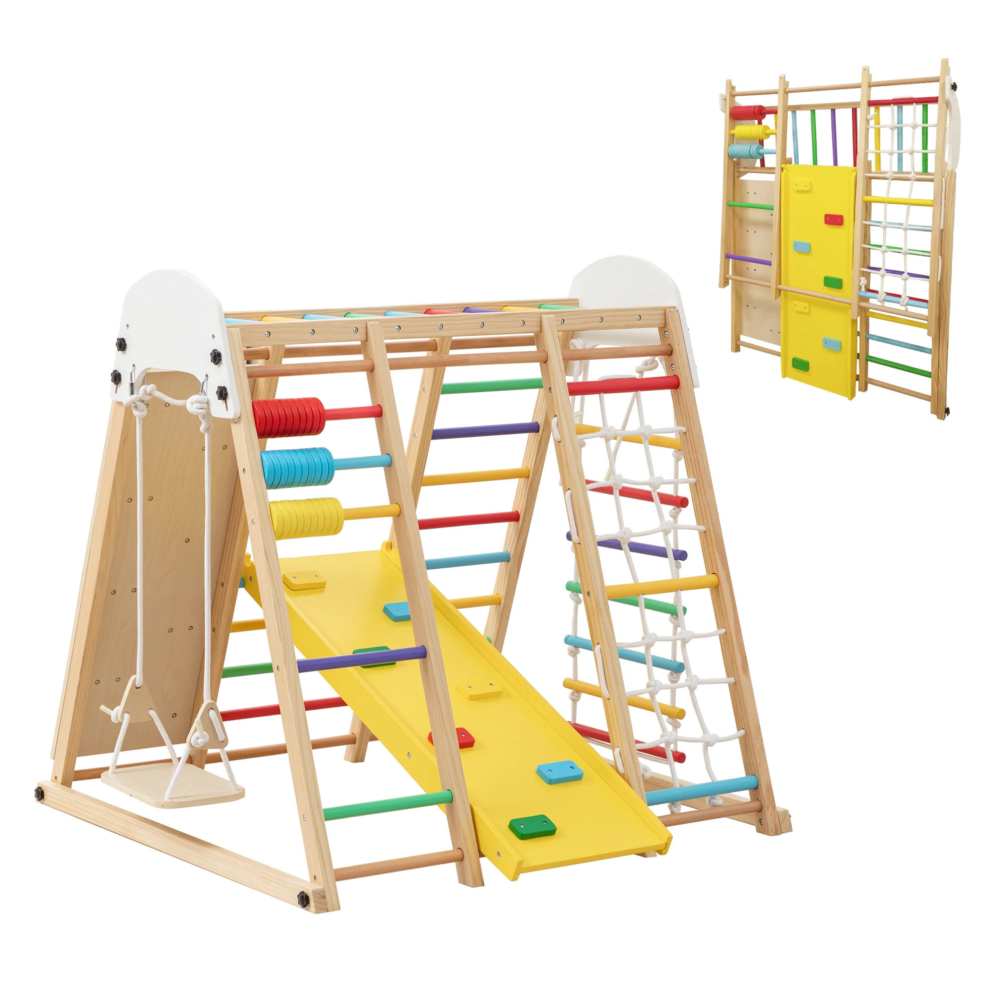 Kids Wooden Climbing Frame Indoor Playset, 9-in-1 with Slide Swing Climbing Net Monkey Bar, Foldable Space Saving, 60.24x47.24x46.46in, 176 lbs, Gift for Toddler Boys & Girls