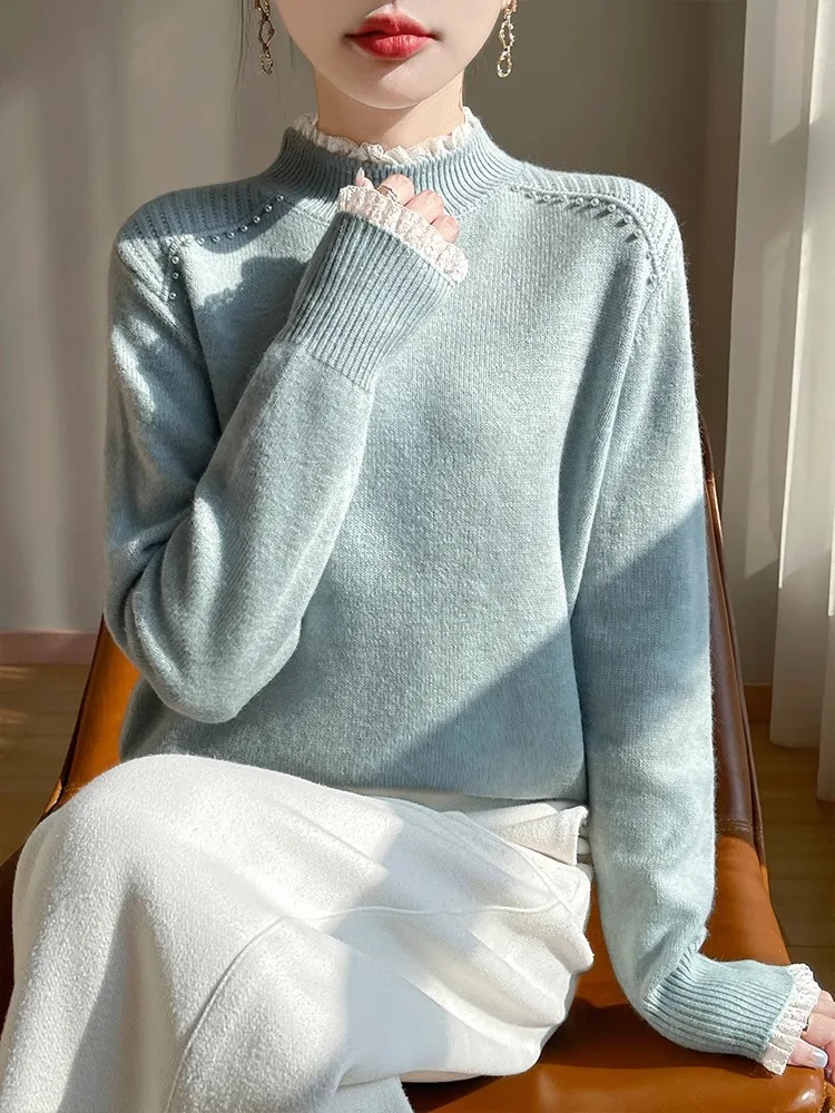 

Кружево с высоким воротником, вязаная основа irt, женский весенне-осенний Sle, внутренняя одежда больших размеров, модный женский вязаный свитер