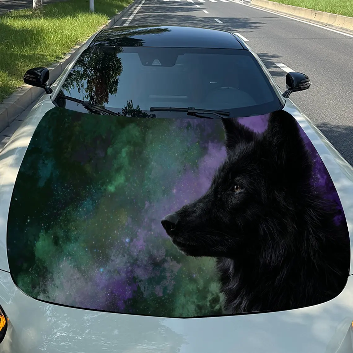

Mysterious Aurora Black Wolf Auto Cover Sticker, Waterproof and Self-adhesive Auto Hood Decal, Auto Vinyl Wraps, Cool Car Exteri
