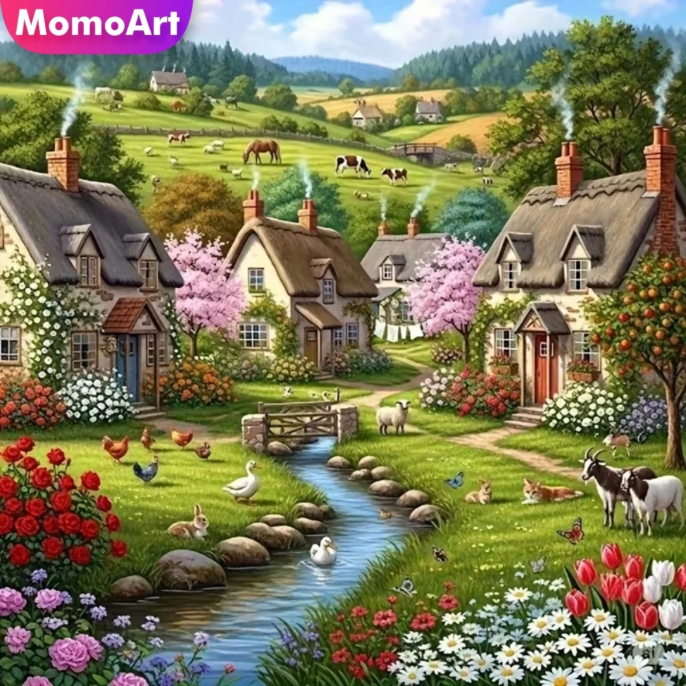 Momoart Full Square Round Diamond Embroidery House Landscape Painting Pattern for Adults Beginners DIY Mosaic River Home Decor