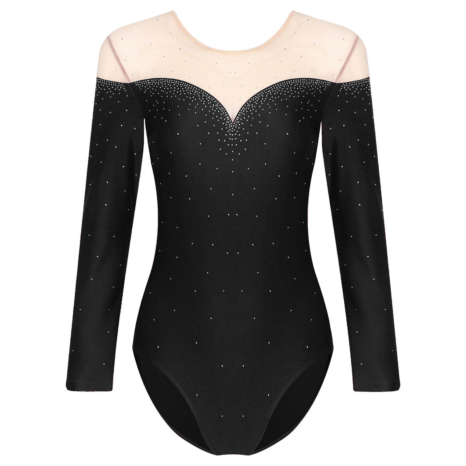 Womens Ballet Dance Leotard Rhinestone Long Sleeve Gymnastics Figure Ice Skating Dance Performance Costume Sheer Mesh Bodysuit