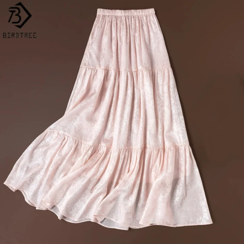 Birdtree, 100% Silk Jacquard Skirt, Elastic Waist, Double Layer, Women Floating Light Crepe Vacation Skirts, 2026 New T66020JF