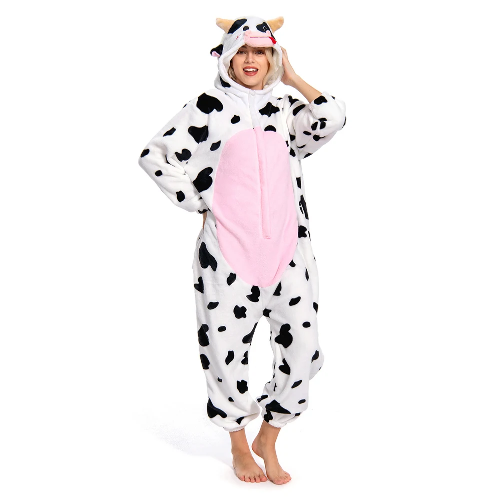 Cartoon Animal Pajamas Adult Cow Cosplay Flannel Sleepwear Bear Raccoon Jumpsuit Costume Outfits Halloween Carnival Party Suit