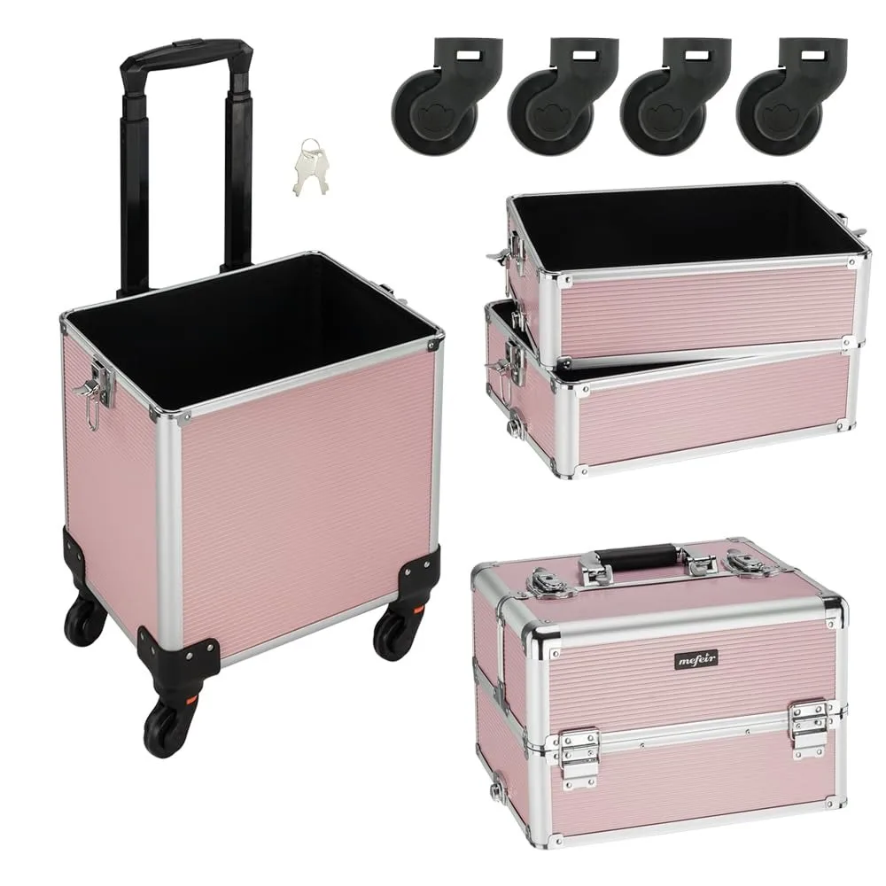 4 in 1 Rolling Makeup Train Case, Aluminum Cosmetic Organizer on Wheels, Lockable Beauty Storage with Removable Wheels (Pink) view 3