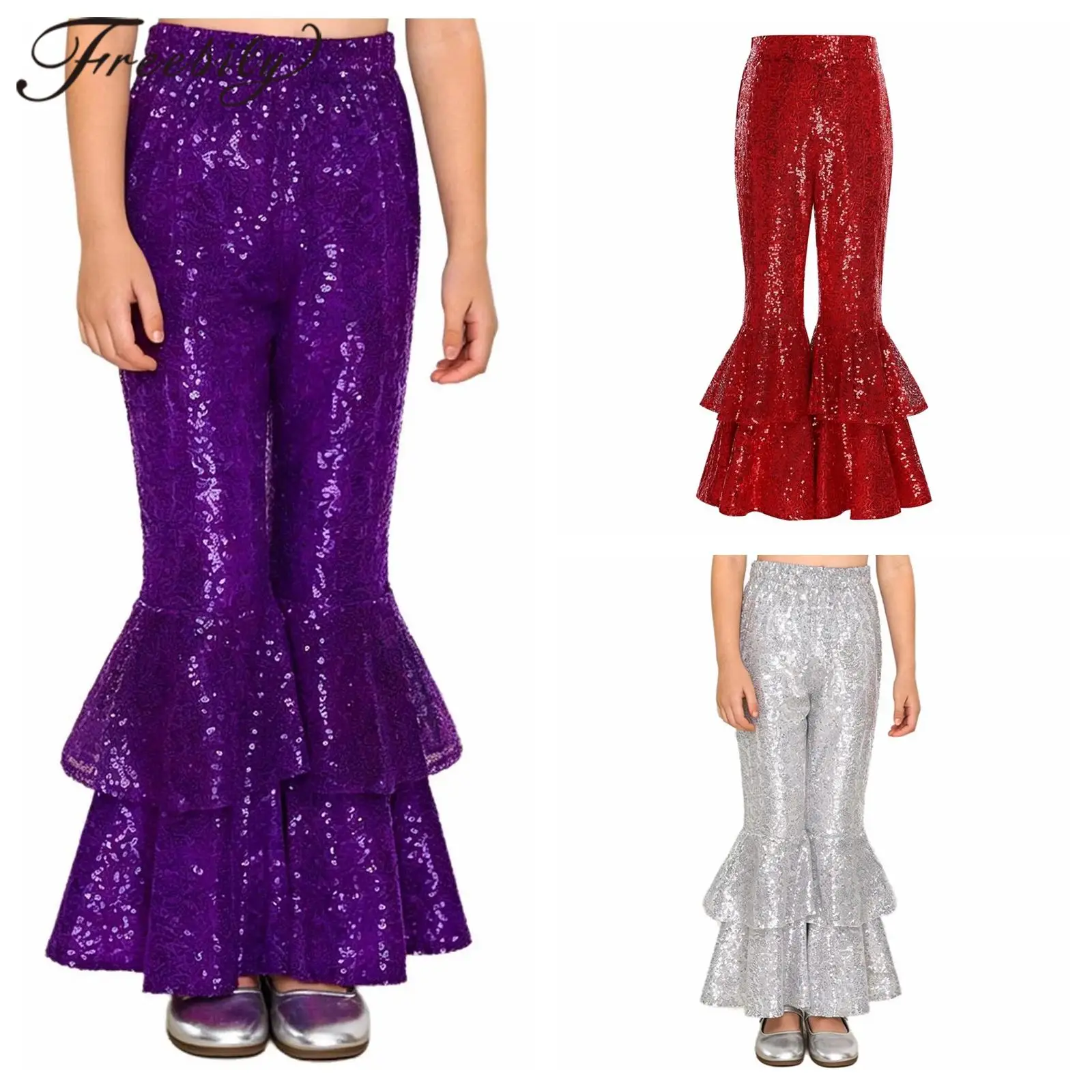 

Children's Disco Flares Jazz Dance Costume Sequins Trousers Kids Girls Flared Pants Hip Hop Dancewear Party Clothes Streetwear