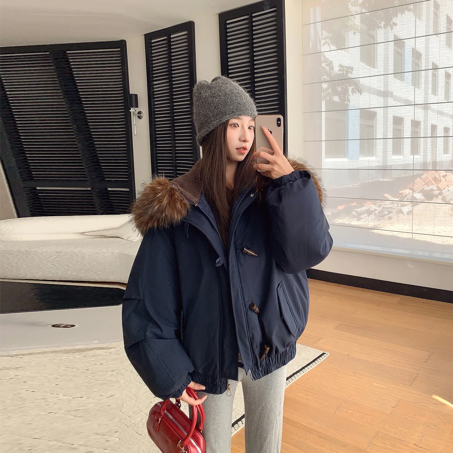 Parkas Coats Women Solid Jackets Toggle Pocket Zipper Big Fur Hooded Long Sleeves Thick Casual Office Lady 2025 Autumn Winter