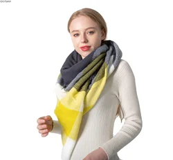 Winter New Yellow-Grey Imitation Cashmere Large Plaid Square Scarf Irregular Gradient Warm Scarf Women Plus Double-Sided Shawl